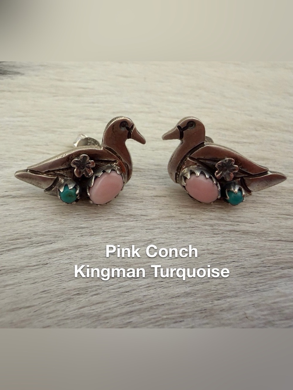 ❤️ Queen Pink Conch Kingman Turquoise DUCK Stud Decorative Earrings Sterling 925